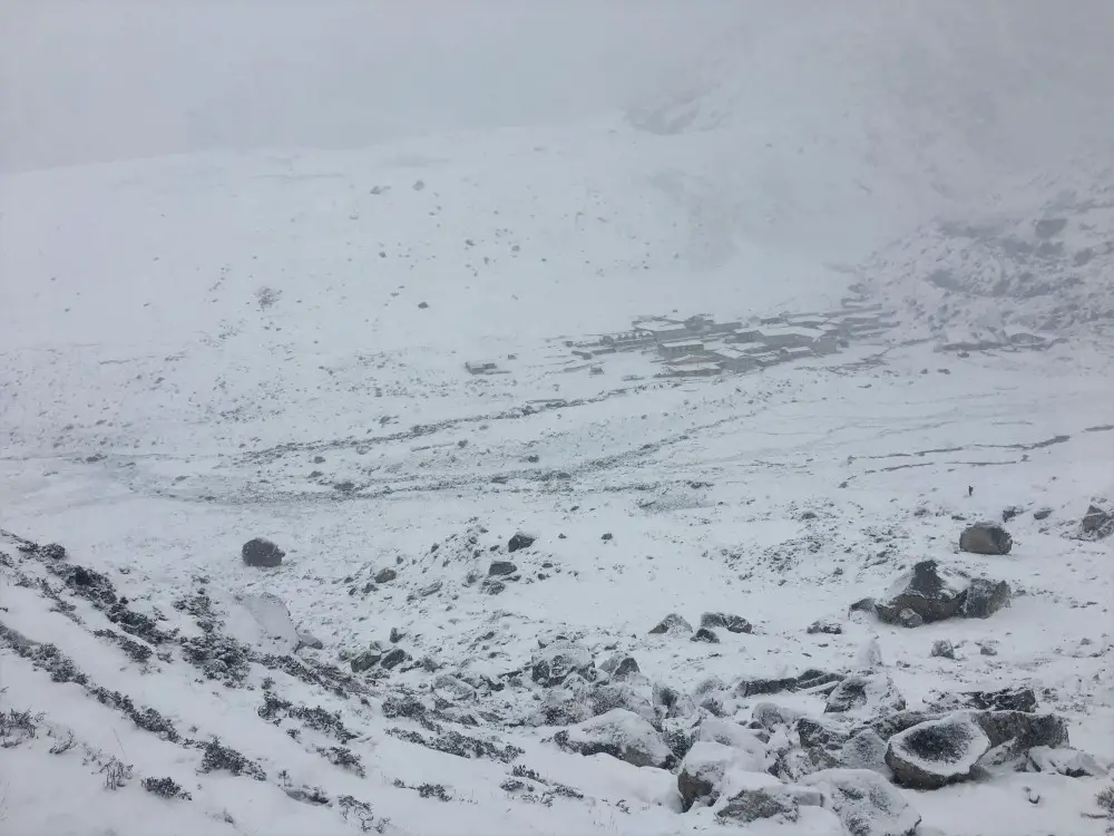 Bad weather while trekking in Nepal - Lobuche covered in snow.
