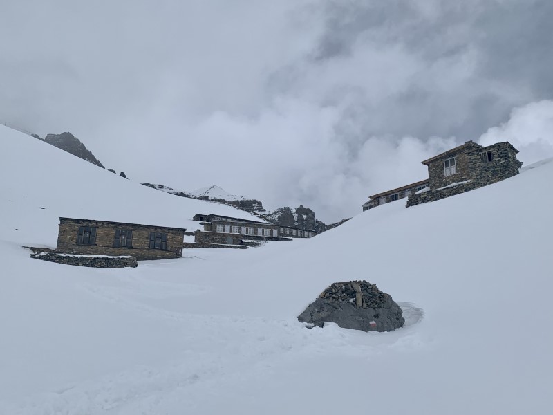 Thorong Base Camp in snow
