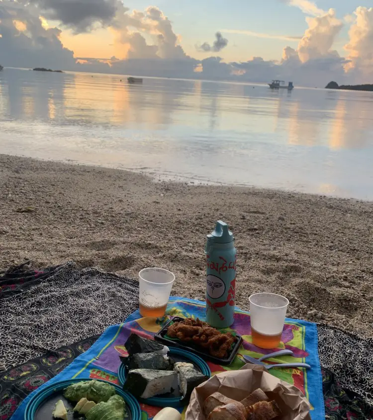 Sunset Dinner on the beach Ishigaki Island Tropical paradise in Japan on scooter
