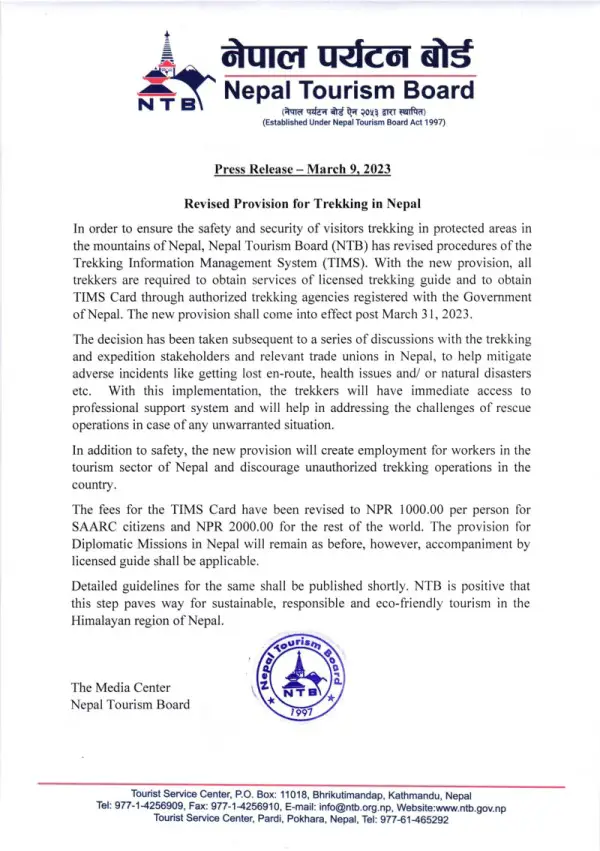 Ban on trekking in Nepal without a guide - NTB press release
