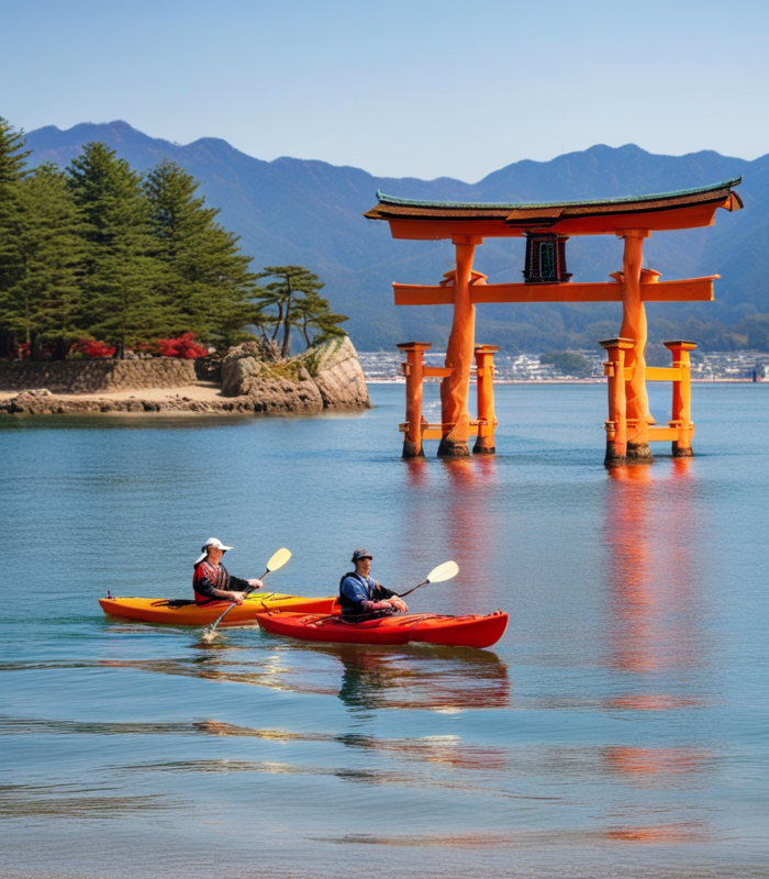 Kayaking in Miyajima Island in front of the torii